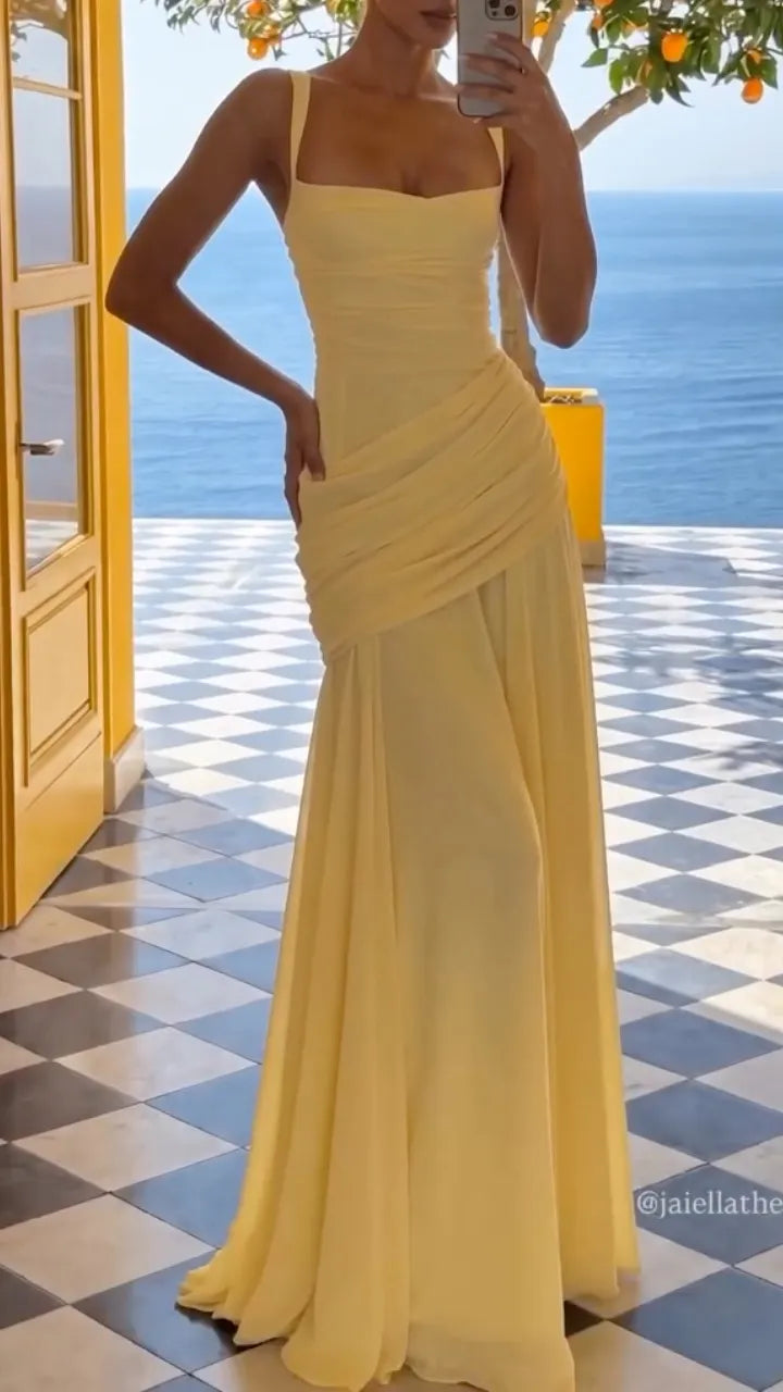 Yellow Square Neck Ruched Maxi Chiffon Gown  ### Product Title