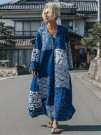 Japanese Style Floral Patchwork Retro Tie-dyed Round Neck Dress