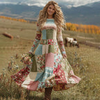 Women's Floral Patchwork Art Cozy Knit Maxi Sweater Dress