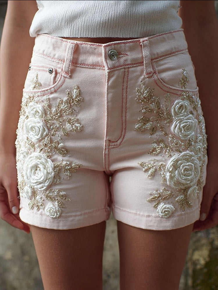 Vintage White Roses Embroidered Pink Denim Shorts