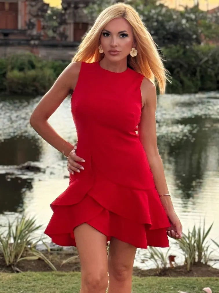Red Ruffled Crew Neck Sleeveless A-line Mini Homecoming Dress
