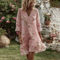 Women's Vintage Floral Art Print Flowy Linen Blend Casual Long Sleeve Mini Dress