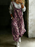 Women’s Vintage Purple Floral Art Print Casual One Piece Denim Jumpsuit