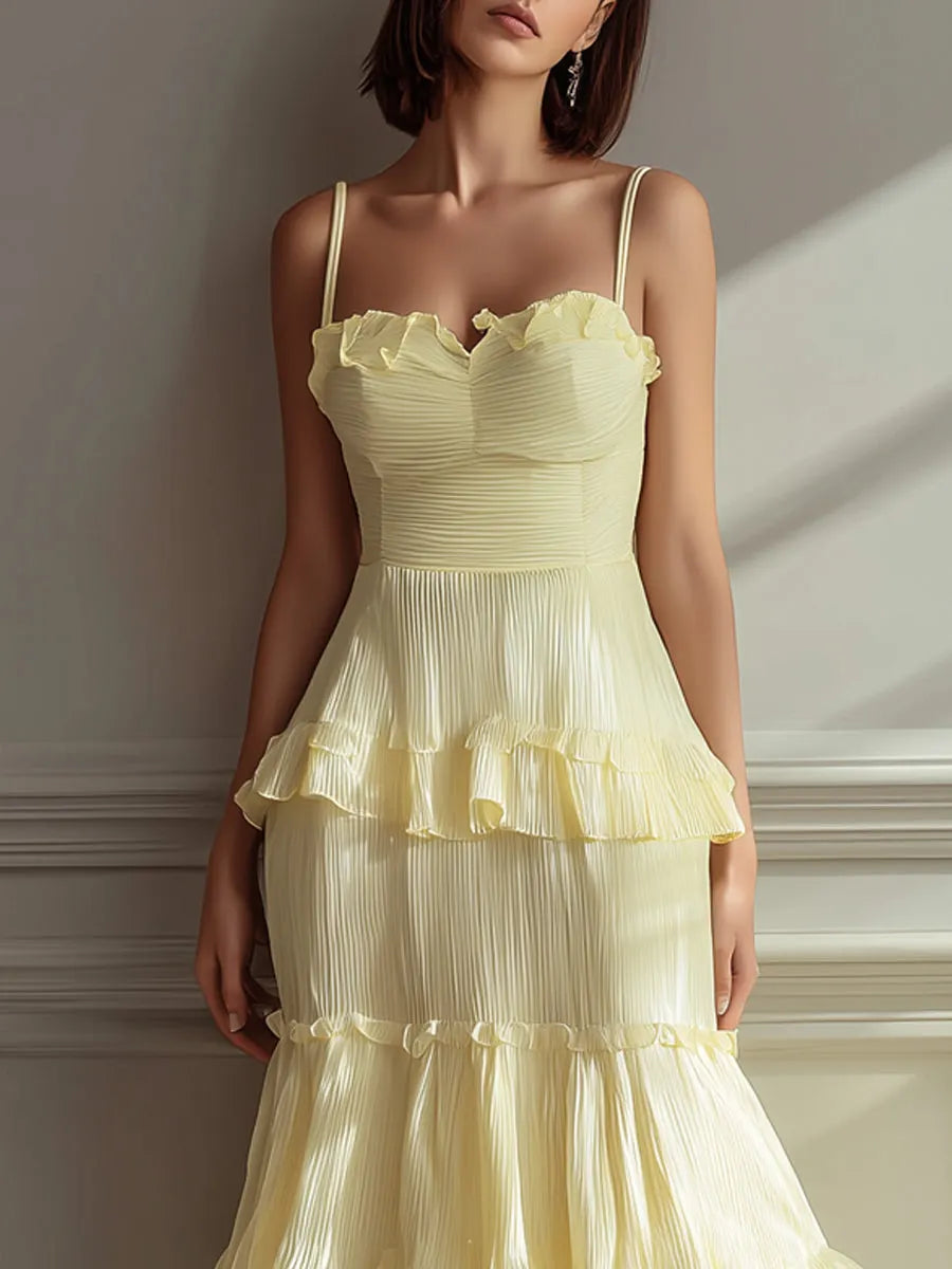 Lemon Yellow Ruffled Tiered Chiffon Cami Maxi Dress