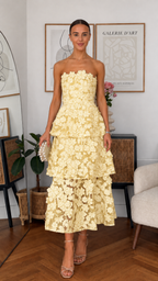 3D Floral Strapless Tiered Midi Dress
