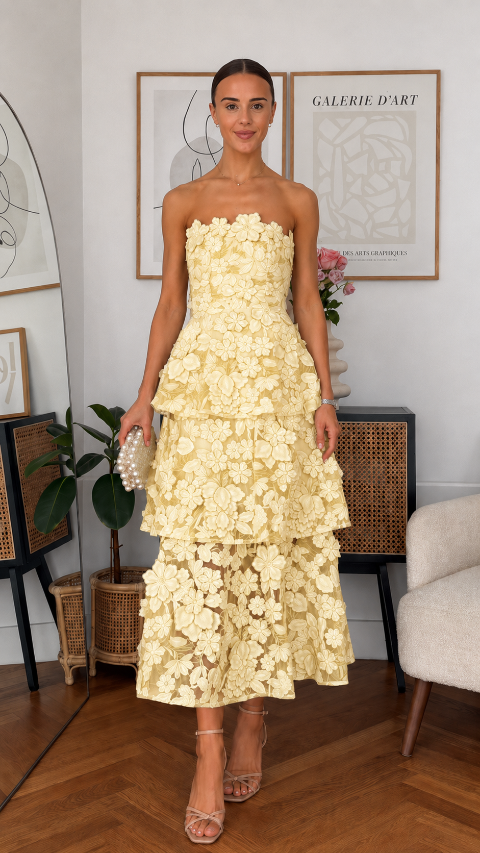 3D Floral Strapless Tiered Midi Dress