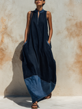 Dark Blue Denim Contrast Hem Sleeveless Maxi Dress