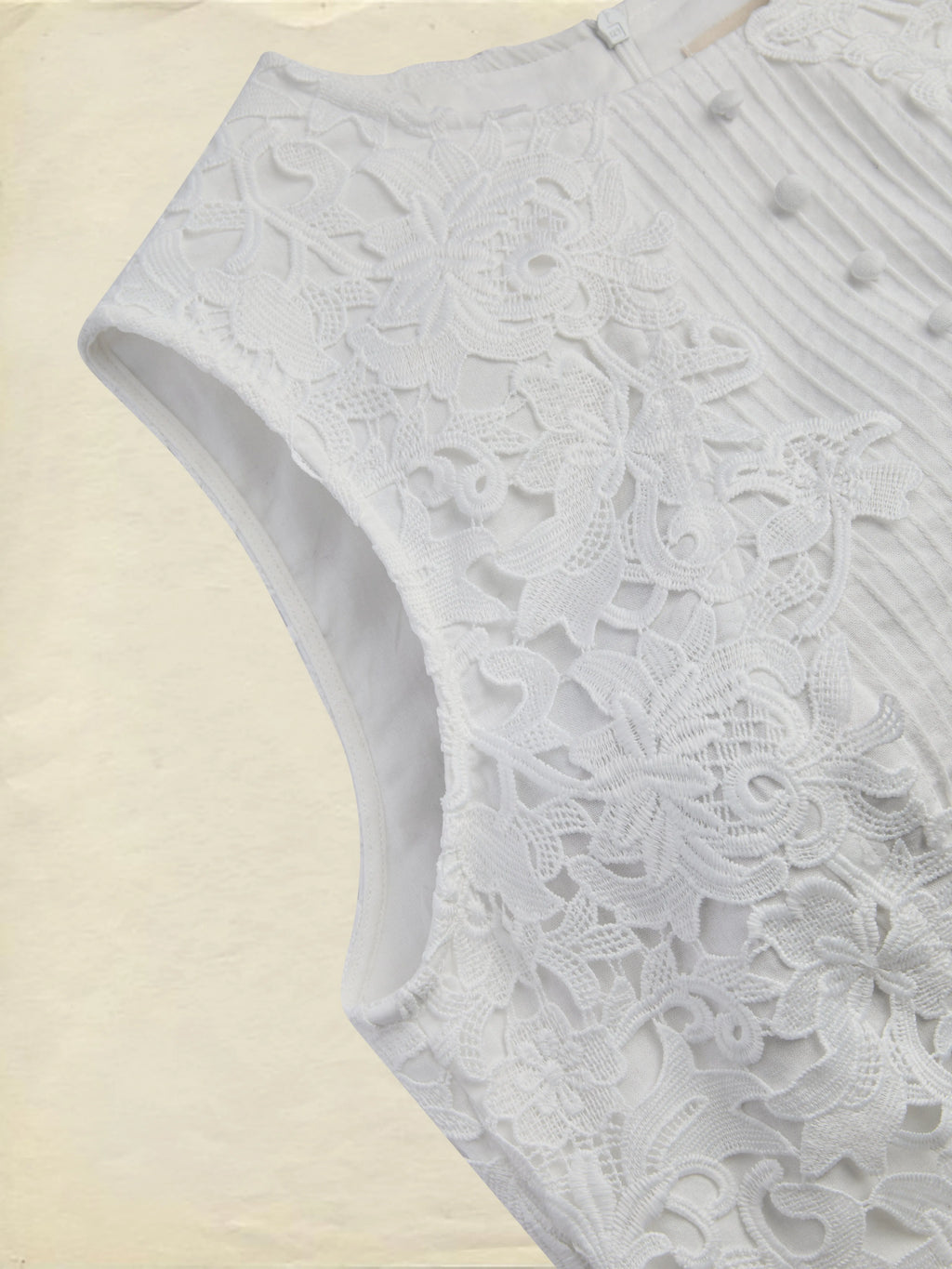 Midi Cotton Dress, Sleeveless, Round Neck, Plain, Lace, Vintage, White