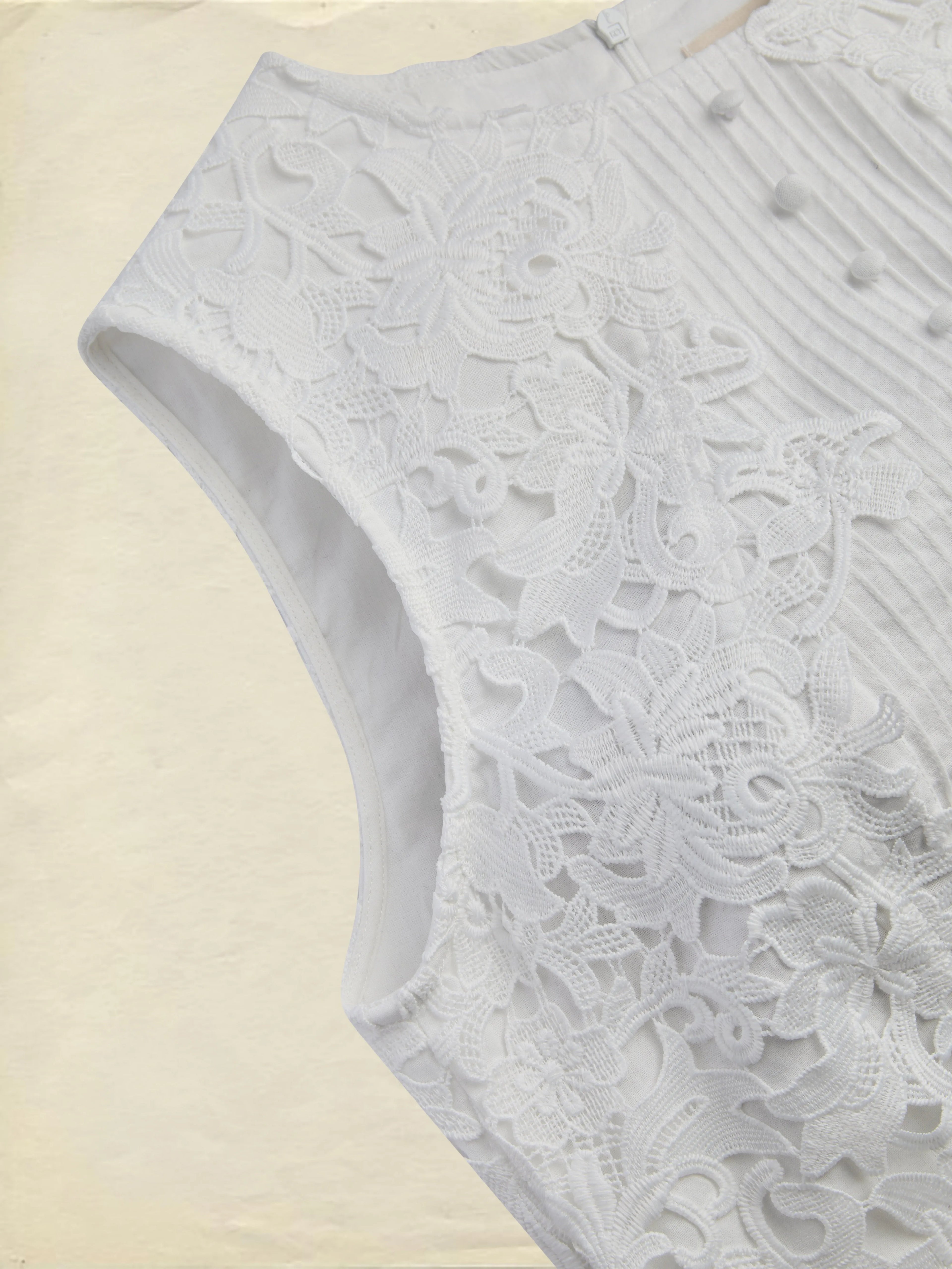 Midi Cotton Dress, Sleeveless, Round Neck, Plain, Lace, Vintage, White