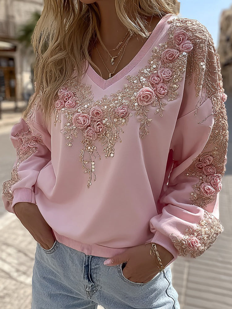 Women's Retro Pink Rose Pattern Warm V-neck Sweatshirt