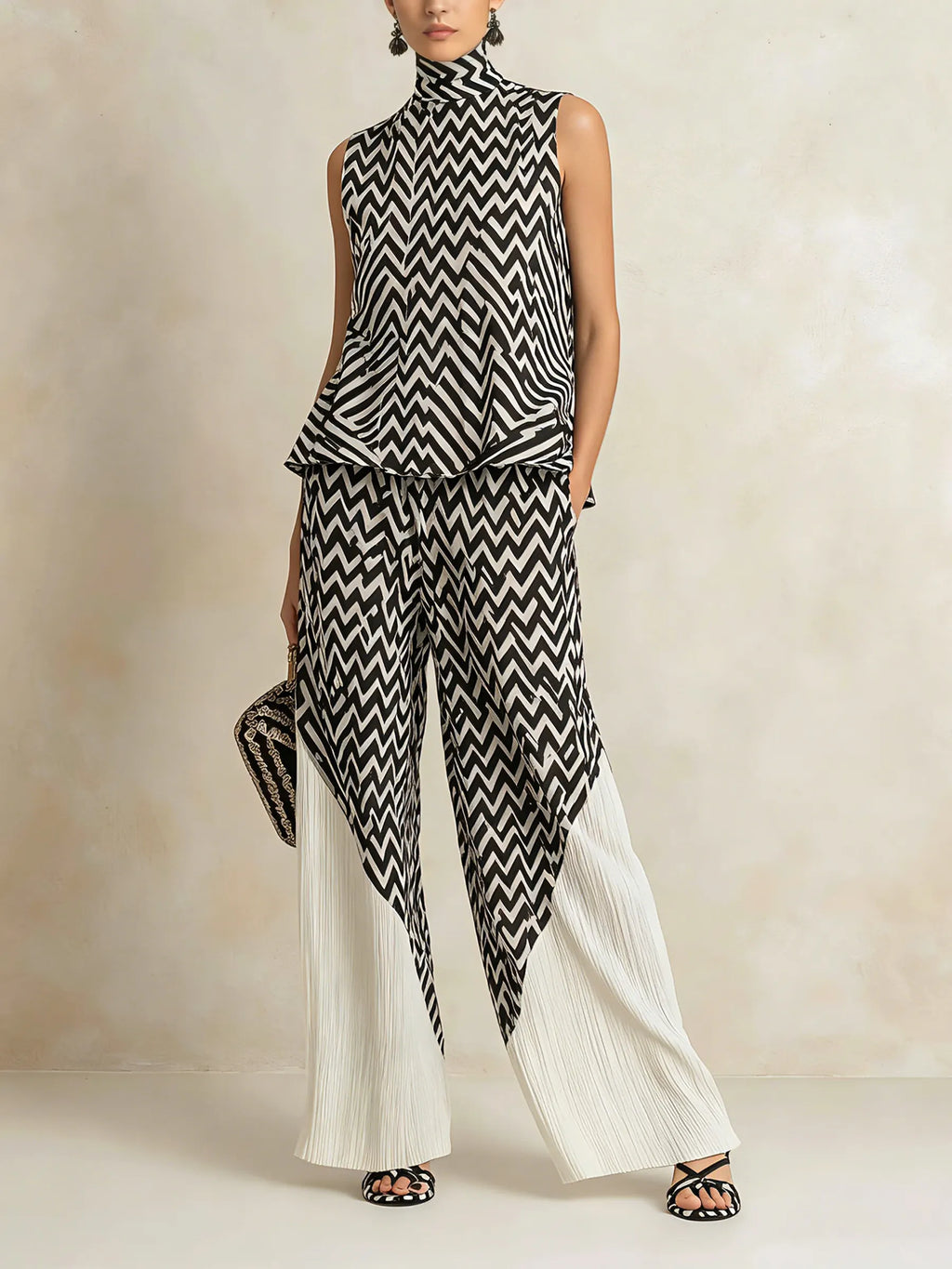 Black & White Chevron Print High-Neck Top & Pleated Wide-Leg Pants Set