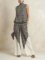 Black & White Chevron Print High-Neck Top & Pleated Wide-Leg Pants Set
