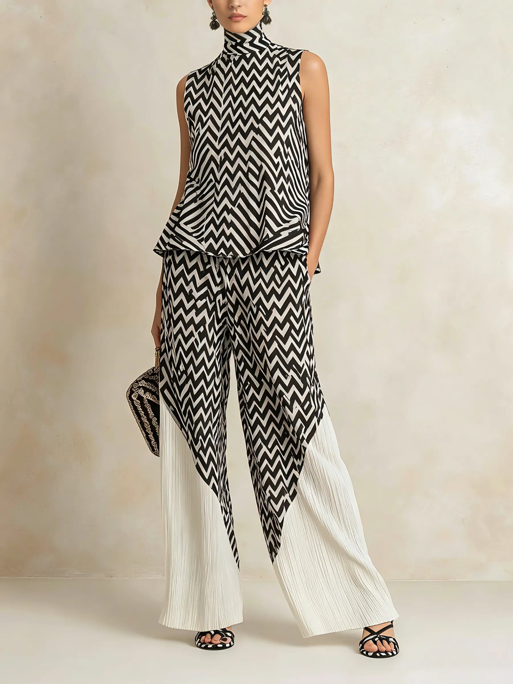 Black & White Chevron Print High-Neck Top & Pleated Wide-Leg Pants Set