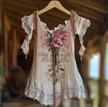 Summer Vacation Ruffle  Lace Patchwork Top   6a13