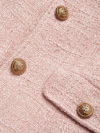Pink Buckle Tweed Pointed Collar Long Sleeve A-Line Midi Dress