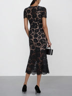 Black Lace Edge Cotton V Neck Short Sleeve Mermaid Midi Dress