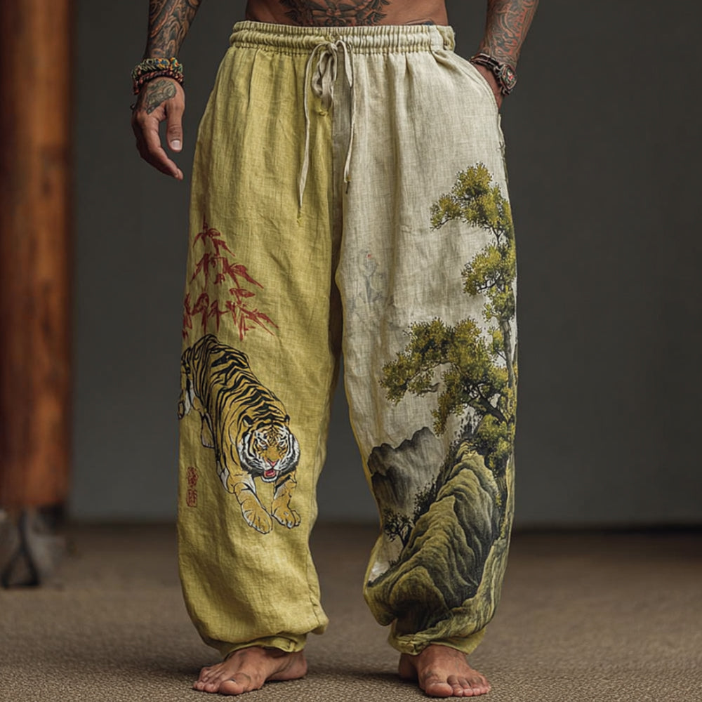 Men's Retro Japanese Tiger Embroidery Art Linen-blend Casual Pants