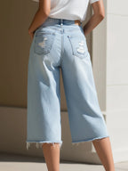 Distressed High-Waisted Denim Culottes