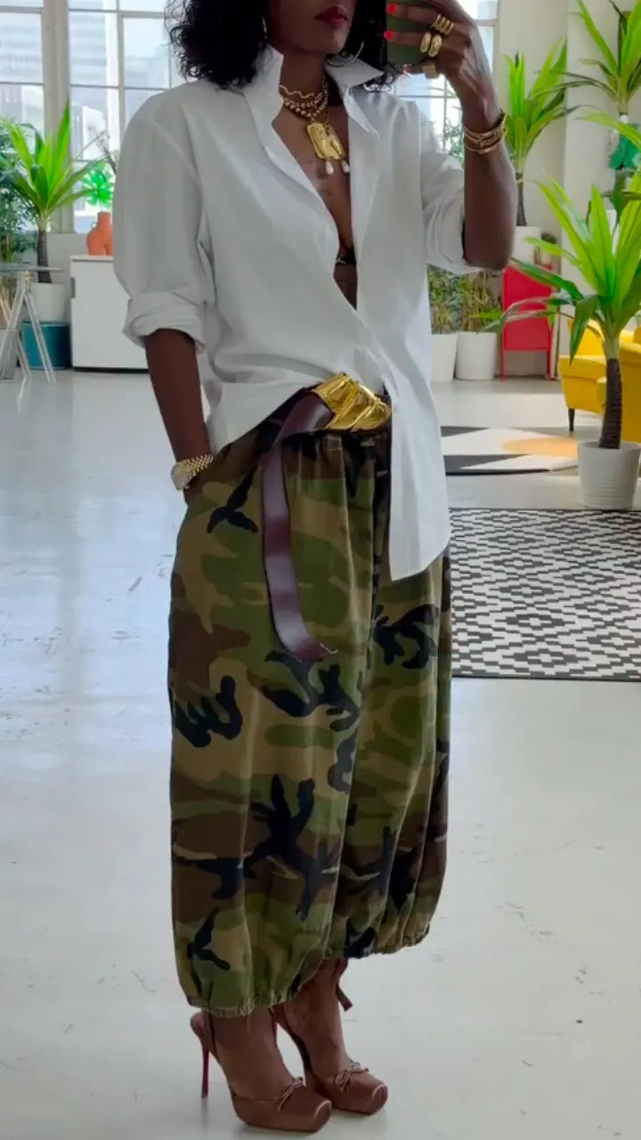 White Blouse & Camouflage Harem Pants Outfit