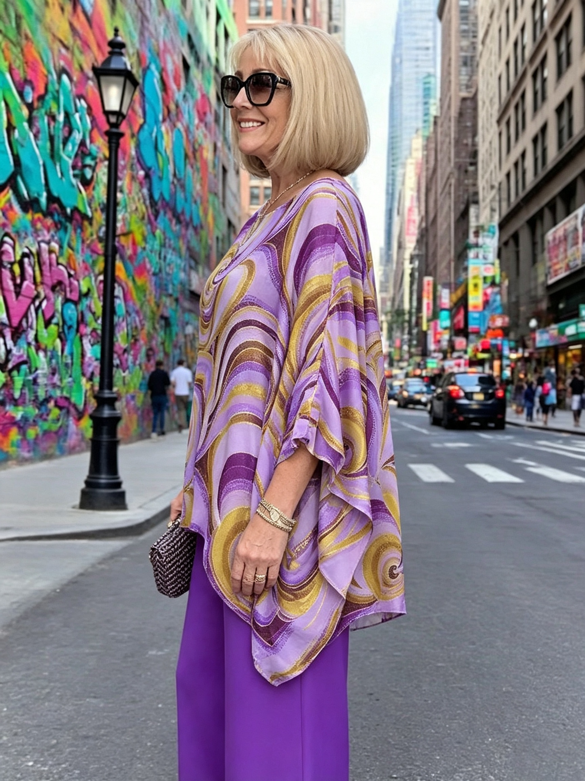 Vibrant Swirl Print Chiffon 2‐Piece Outfit, Loose Boat Neck Tunic Top & Bright Wide‐Leg Pants Set for Women