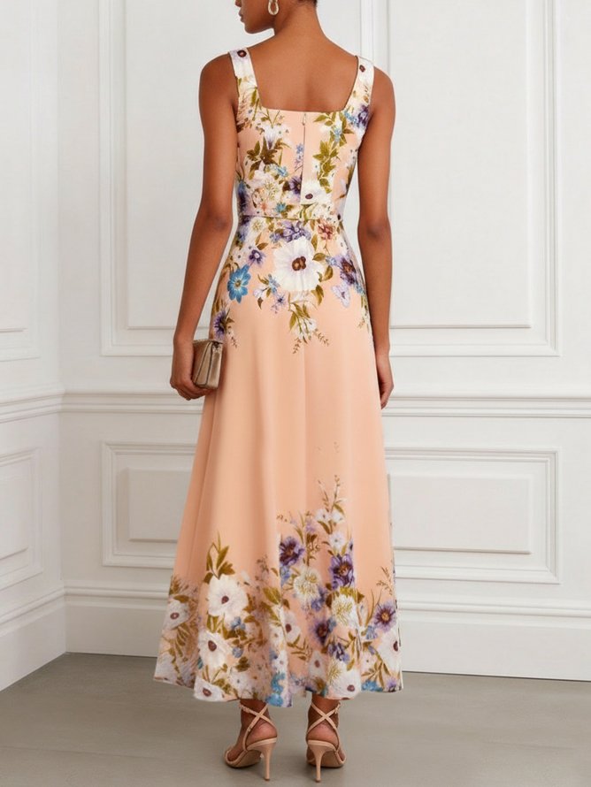 Apricot Floral Chiffon Square Neck Sleeveless A-Line Maxi Dress