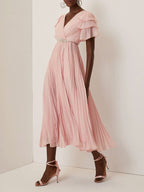 Pink Pleated Rhinestone Chiffon V Neck Short Sleeve Ruffle Sleeve A-Line Maxi Dress