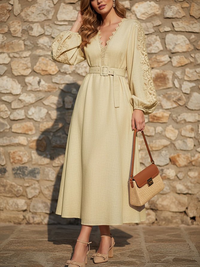 Midi Linen Dress, Long Sleeves, Plain, Lace, French Vintage, Apricot