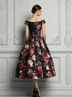 Black Base Red Rose Floral Print A-line Midi Dress