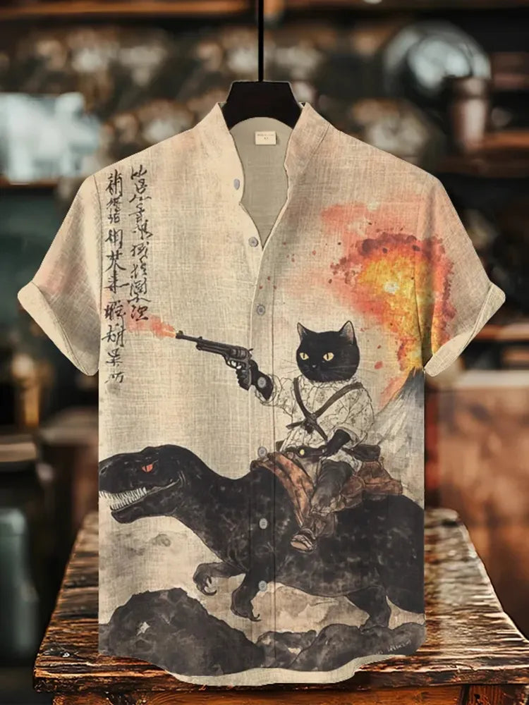 Men's Retro Calligraphy Cat Dinosaur Volcanic Eruption Print Short Sleeve Shirt