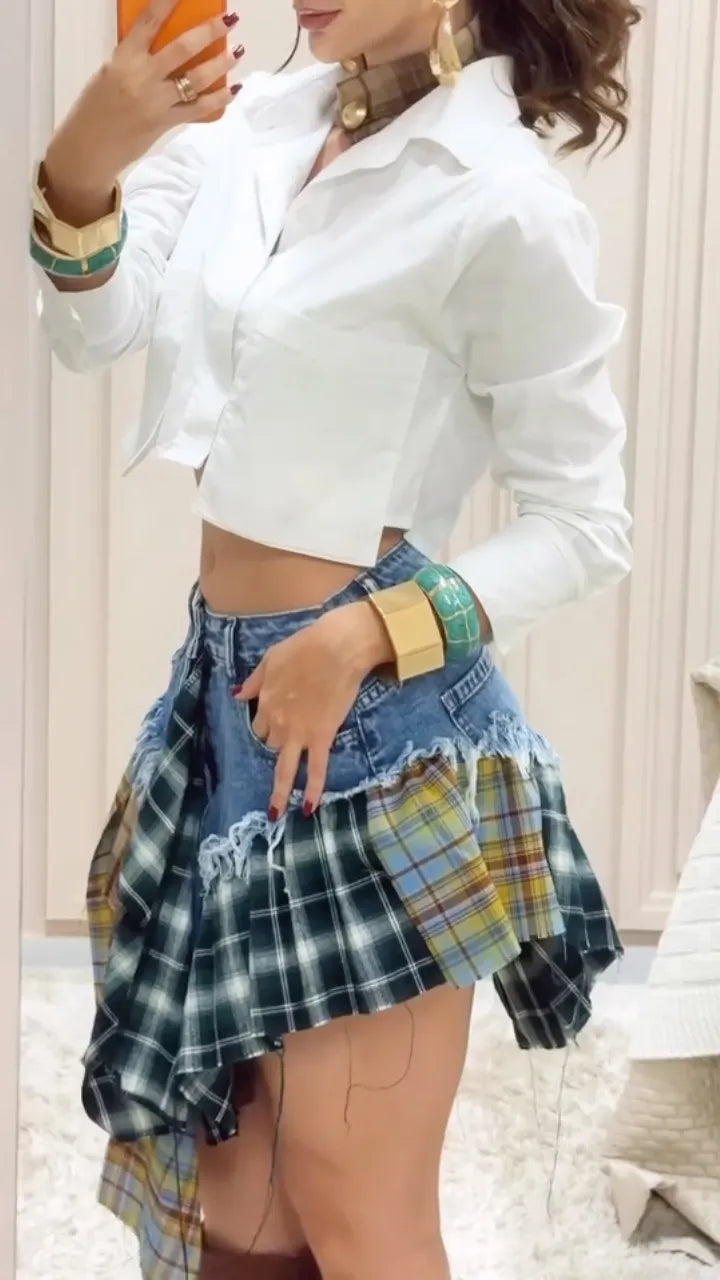 White Crop Shirt & Asymmetric Plaid Patchwork Denim Skirt Set