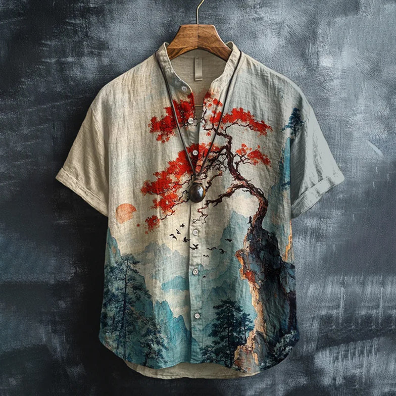 Men's Japanese Flower Art Print Short Sleeve Shirt