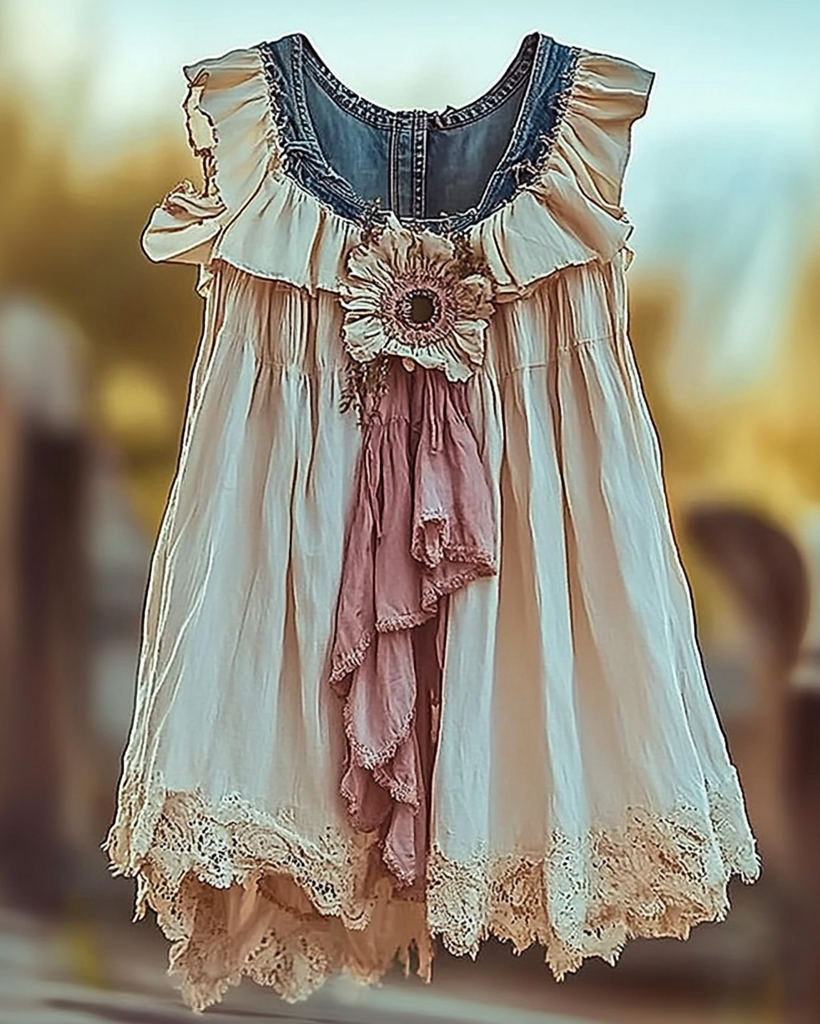 Summer Vacation Ruffle Lace Contrast Color Denim Top ce83