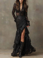 Black Faux Leather Corset Maxi Dress With Lace Sleeves