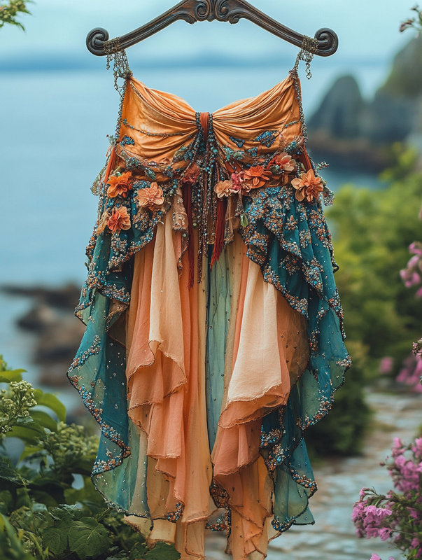 Summer ruffled cotton and linen patchwork contrast color skirt b5e8