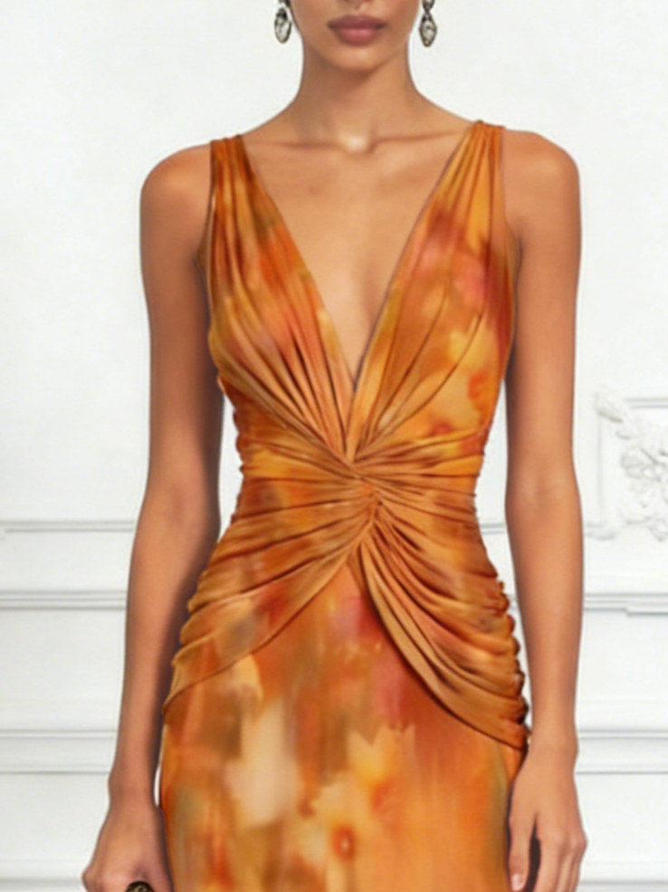 Orange Red Floral Chiffon V Neck Sleeveless A-Line Floor-length Gown Dress