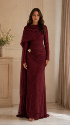 Beaded Lace Draped Cape Mermaid Gown