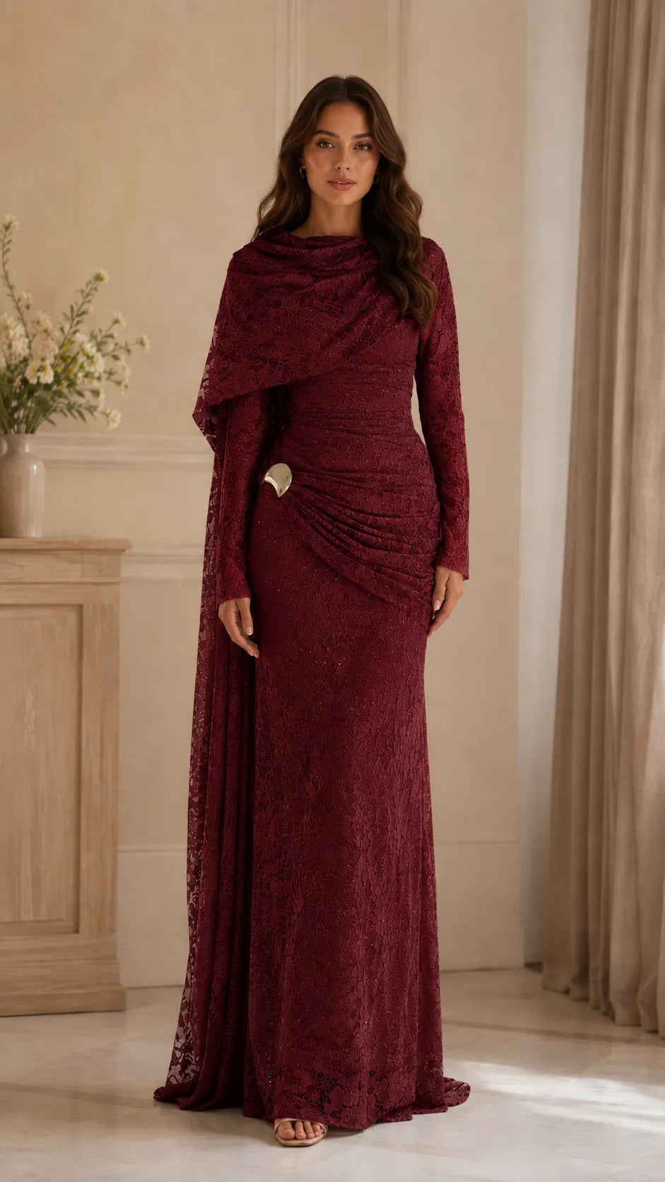 Beaded Lace Draped Cape Mermaid Gown