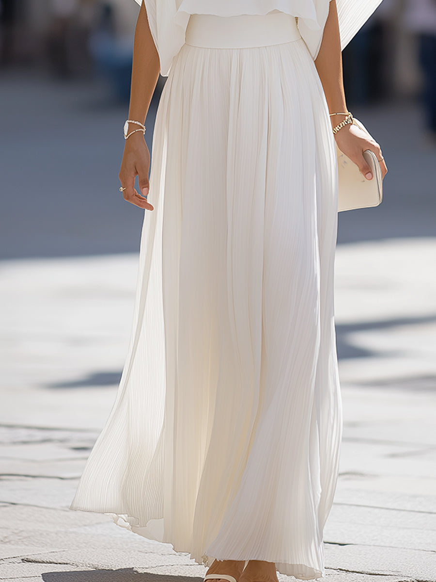 Pleated Shawl-Sleeve High-Waisted Flowy Maxi Dress Set