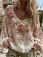 Women's Vintage Pink Roses Embroidery Art Print Round Neck Long Sleeve T-shirt