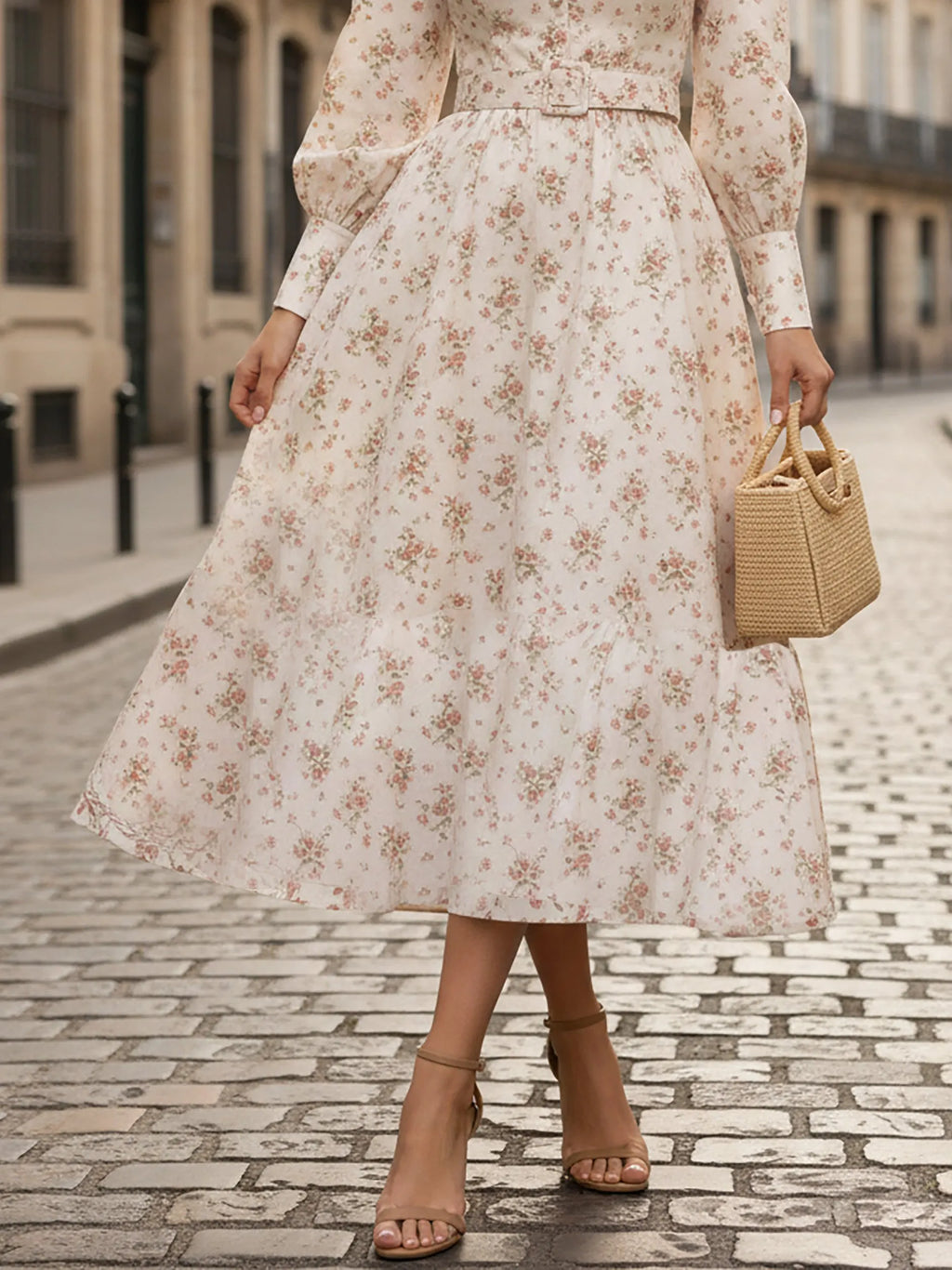 Midi Linen Dress, Long Sleeves, Stand Collar, Floral, Button Design, Vacation, Vintage, Pink