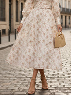 Midi Linen Dress, Long Sleeves, Stand Collar, Floral, Button Design, Vacation, Vintage, Pink