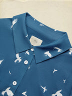 Maxi Linen Dress, Long Sleeves, Shawl Collar, Bird, Button Design, Vintage, Blue