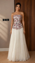 Strapless Gradient Floral Applique Pleated Tulle Evening Dress