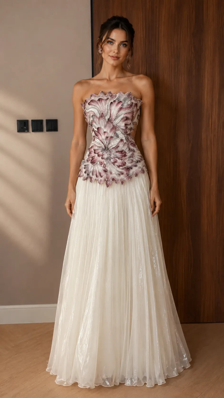 Strapless Gradient Floral Applique Pleated Tulle Evening Dress