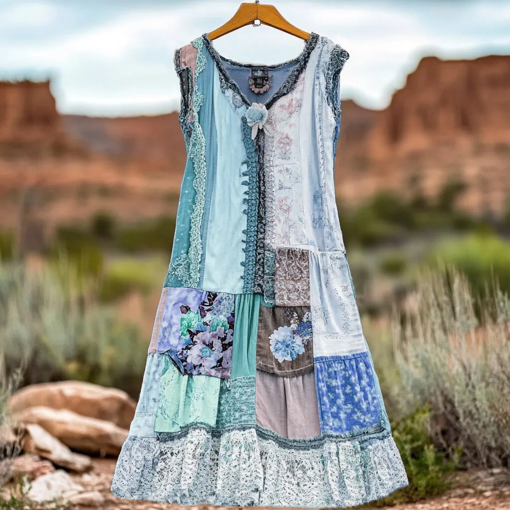 Women's Vintage Floral Lace Patch Comfort Dress d268