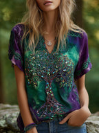 Women's Vintage Viking Tree Of Life Patchwork Casual Linen V-neck T-shirt