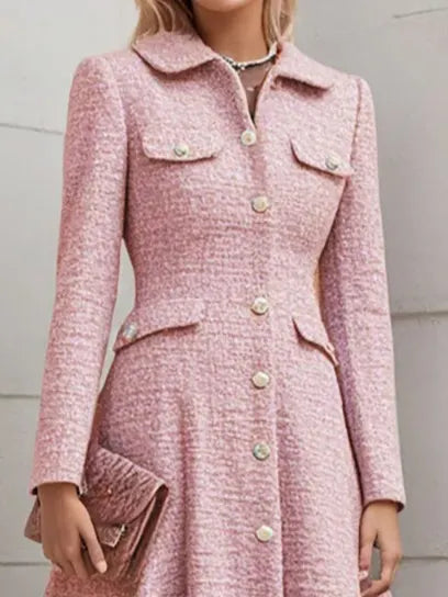 Pink Buckle Tweed Pointed Collar Long Sleeve A-Line Midi Dress
