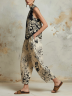 Black & Beige Floral Halter Top & Wide-Leg Pants Two-Piece Set