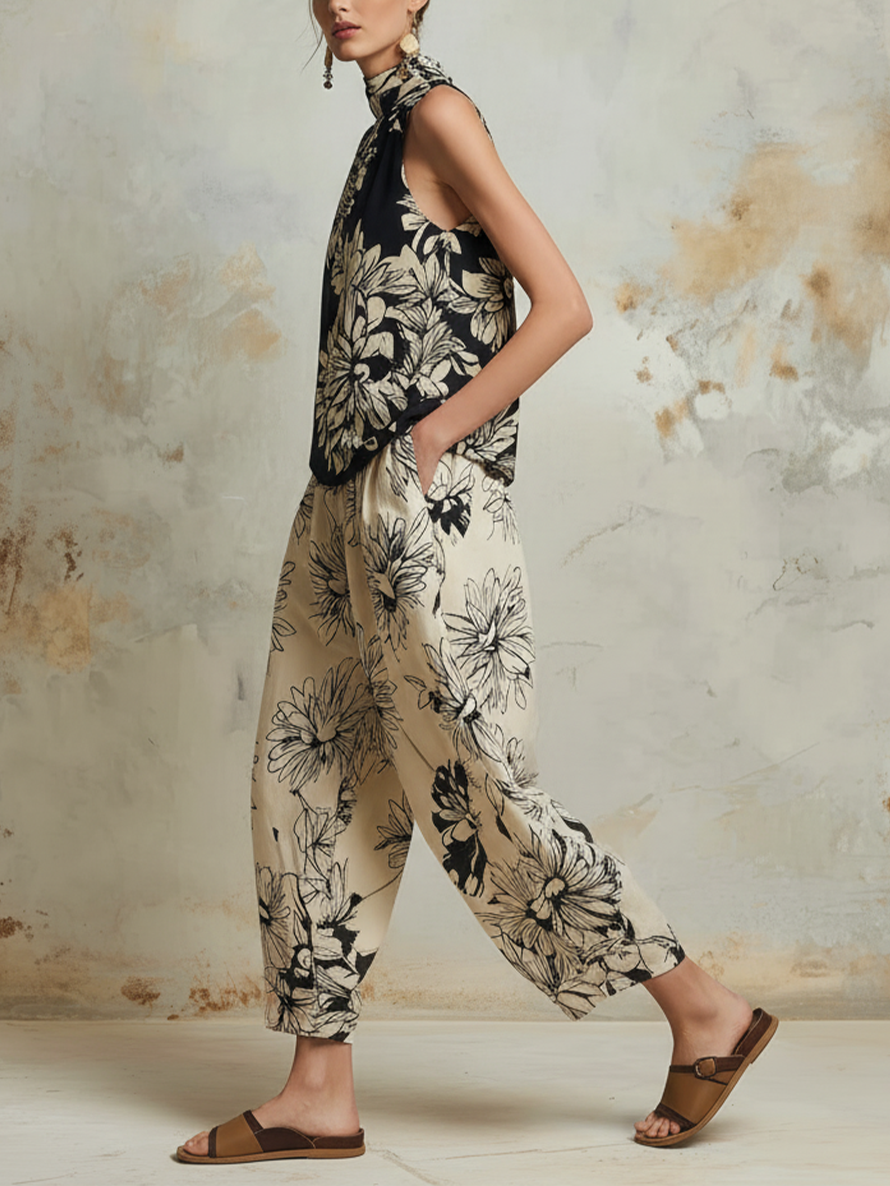 Black & Beige Floral Halter Top & Wide-Leg Pants Two-Piece Set
