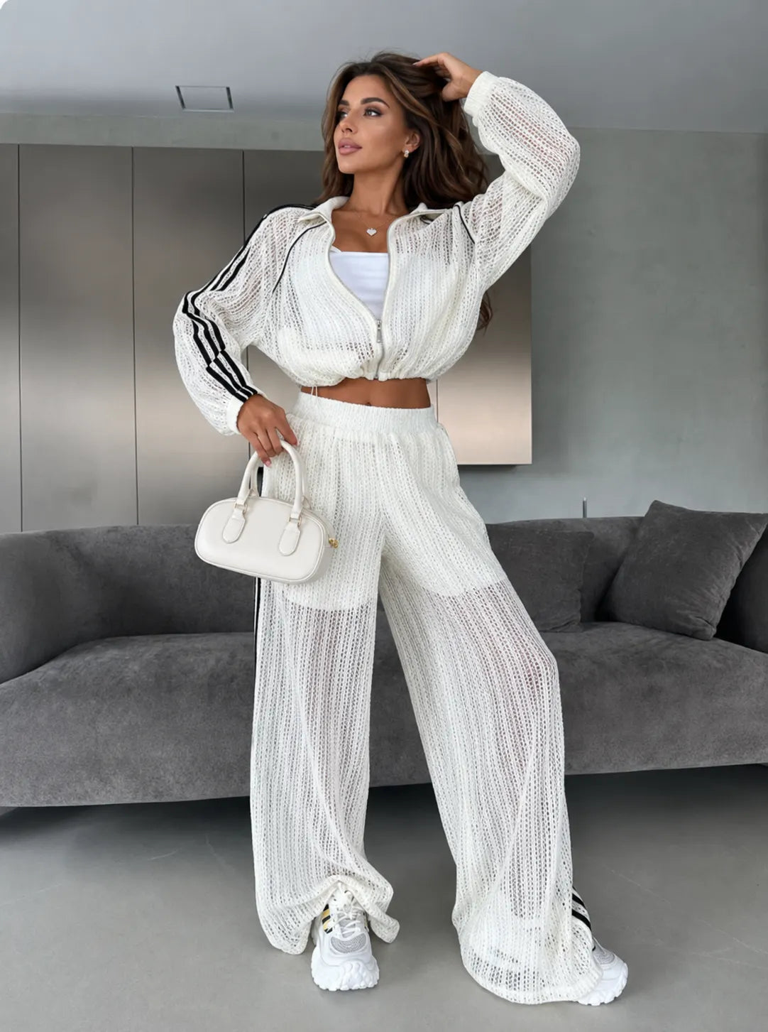 Women's Striped Cut-Out Zip-Front Set – Stylish Matching Set